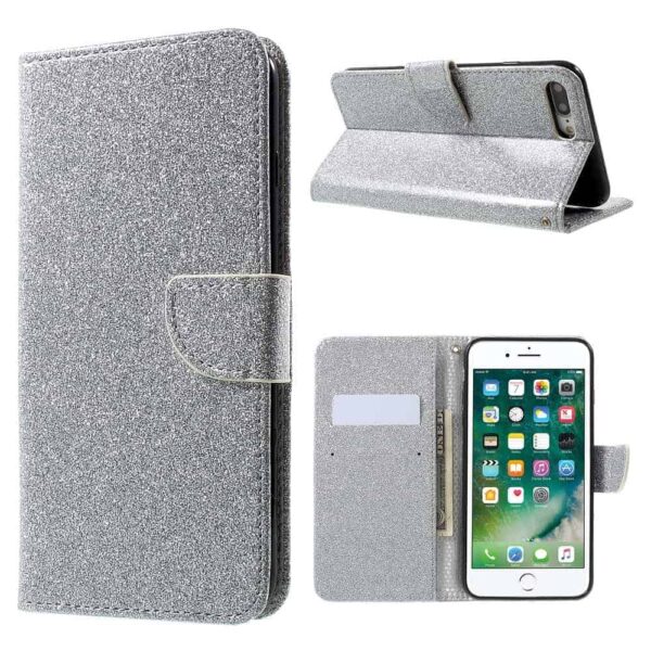 Iphone 8 Plus - Kunstlæder Etui Pung Med Funklende Pulver - Sølv