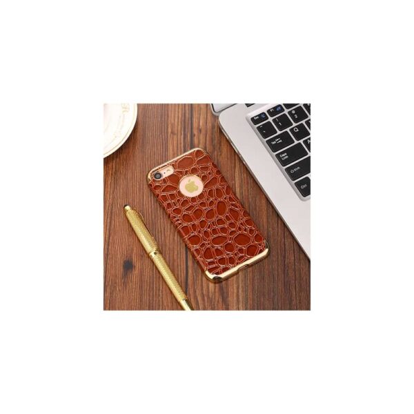 Iphone 8 - Gummi Cover Med Kunstlæder Krokodille Textil - Brun