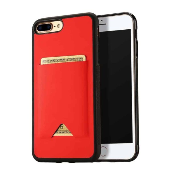 Iphone 8 Plus - Gummi Cover Med Kunstlæder Overflade Og Kreditkort Holder - Rød