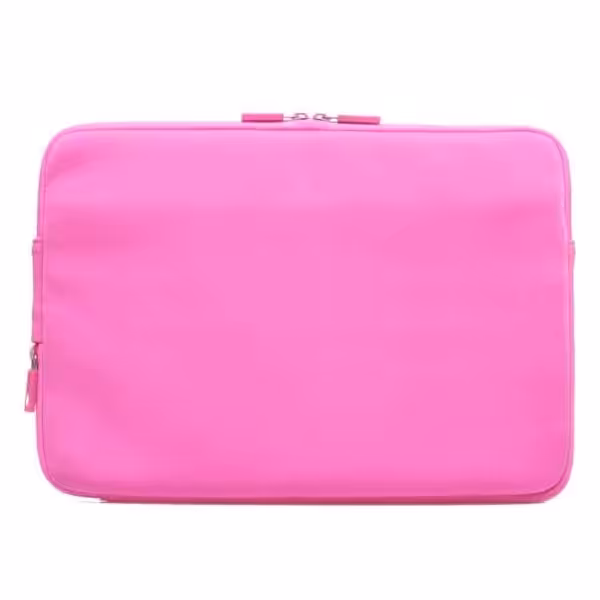 Lyserød laptop sleeve med lynlås.
