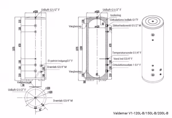 Diagram af Valdemar V1-120L/150L/200L varmtvandsbeholder.