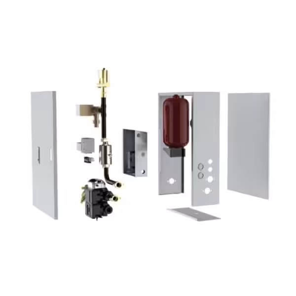 Valdemar-Plug-n-Play-boks-indmad-eksplosion Komponenter til VVS-installation, samlet og adskilt visning