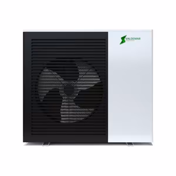 Luft-varmepumpe med ventilator og logo.